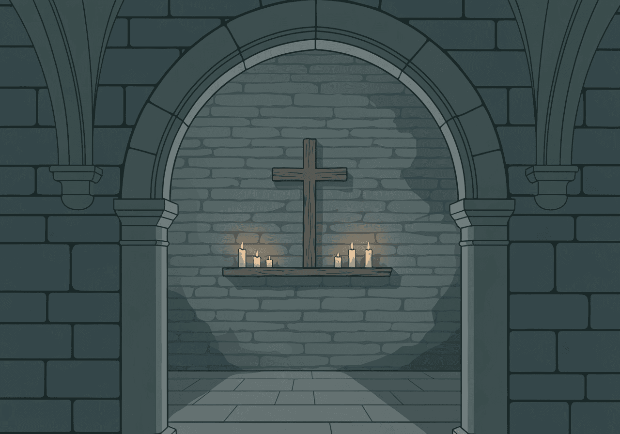 Ancient monastery interior with candlelight
